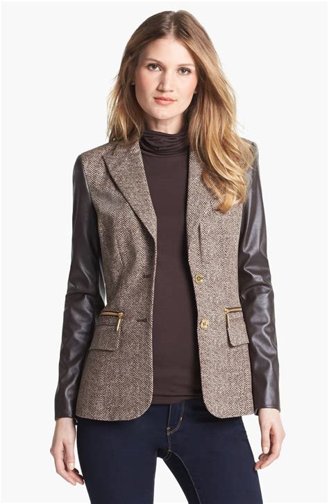 michael michael kors women's black faux leather sleeve tweed blazer|Michael Kors black coat.